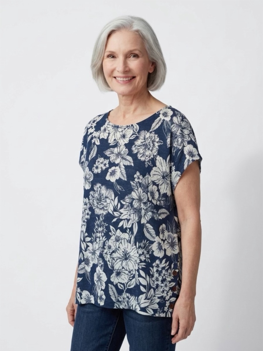 C&C California Navy Blue Floral 100% Linen Button-Side Blouse | Size XL